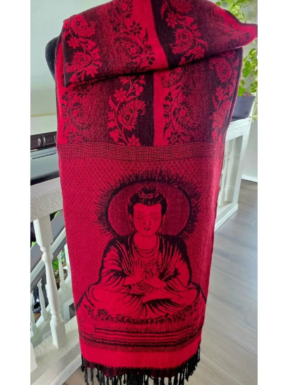 Buddha Pattern Red & Black Rayon Shawl Scarf Wrap With Fringe - 70